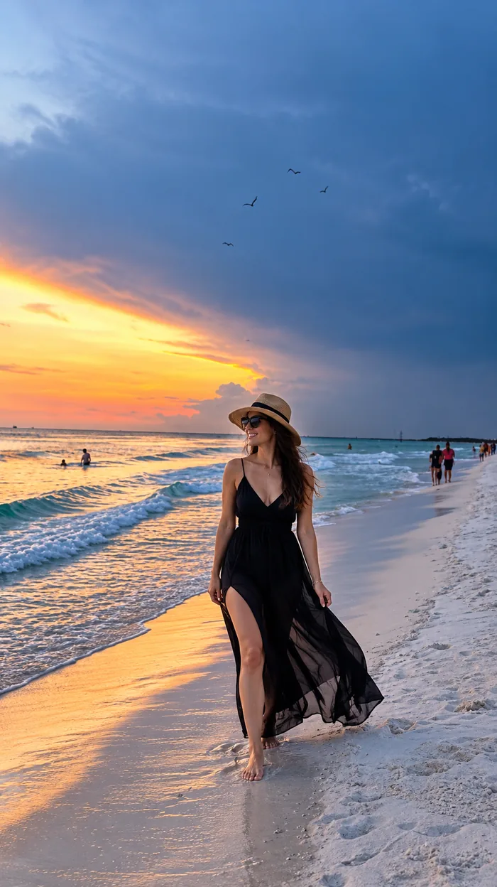 Woman in a black dress and straw hat walking along the waterline at sunset under storm clouds