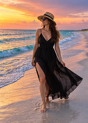 Woman in a straw hat and black sundress walking along the Gulf shoreline at sunset