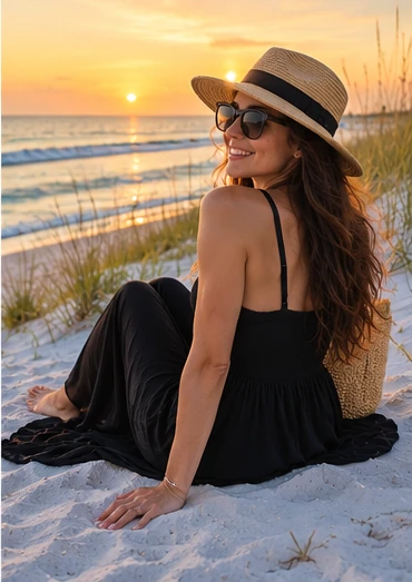 Woman in a straw hat sitting on white sand near dune grass as the sun sets over the Gulf
